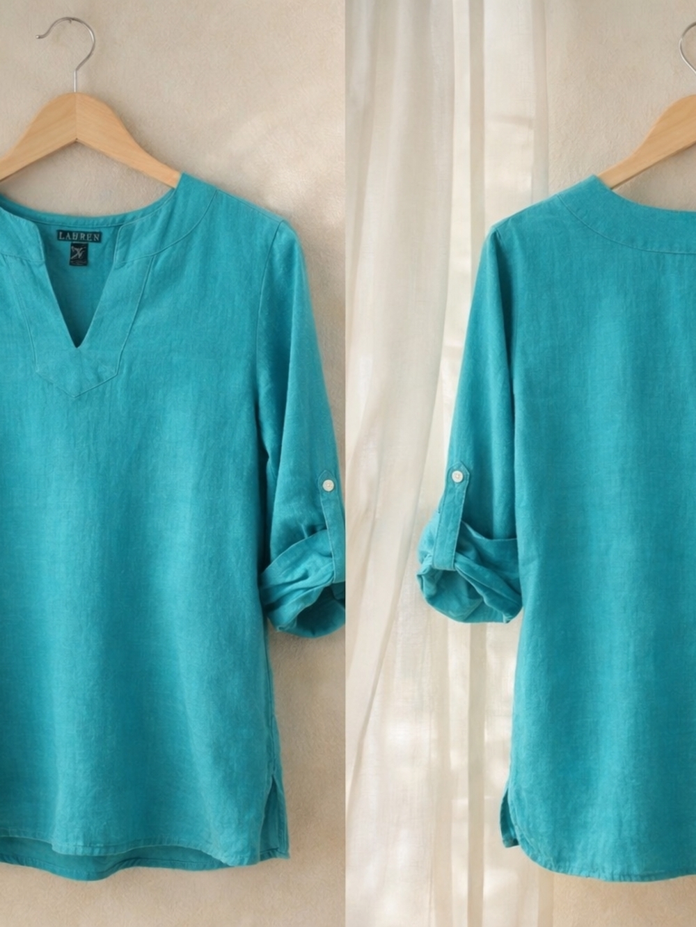 Mothers Day! Lauren Ralph Lauren Teal V-Notch Linen Roll-Tab Tunic